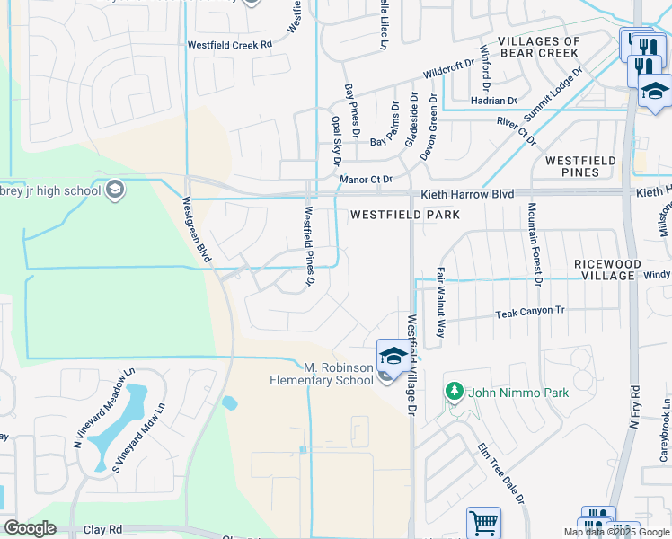 map of restaurants, bars, coffee shops, grocery stores, and more near 4730 Westgarden Place in Katy