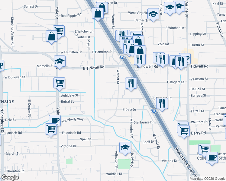 map of restaurants, bars, coffee shops, grocery stores, and more near 317 East Burress Street in Houston