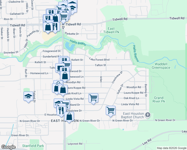 map of restaurants, bars, coffee shops, grocery stores, and more near 9021 Homewood Lane in Houston