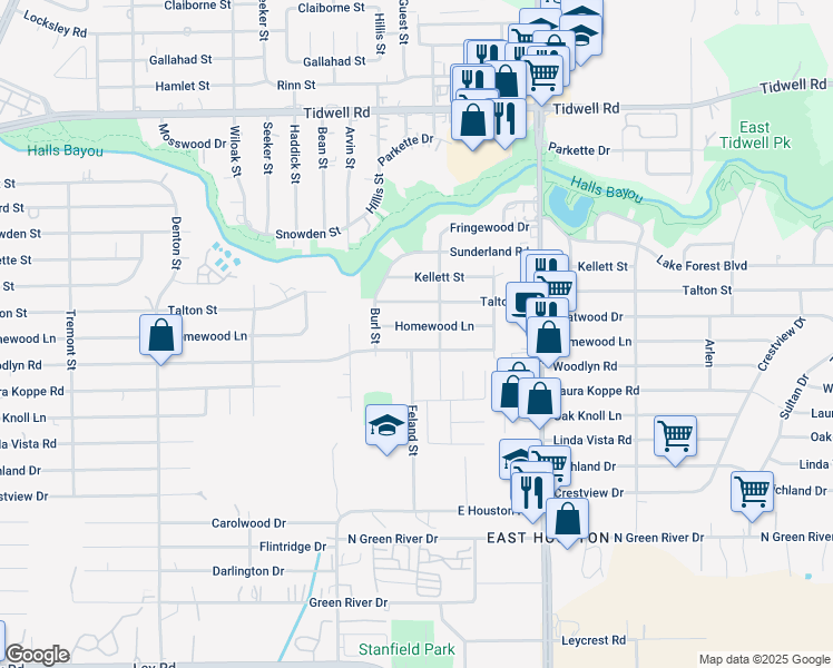 map of restaurants, bars, coffee shops, grocery stores, and more near 8542 Homewood Lane in Houston