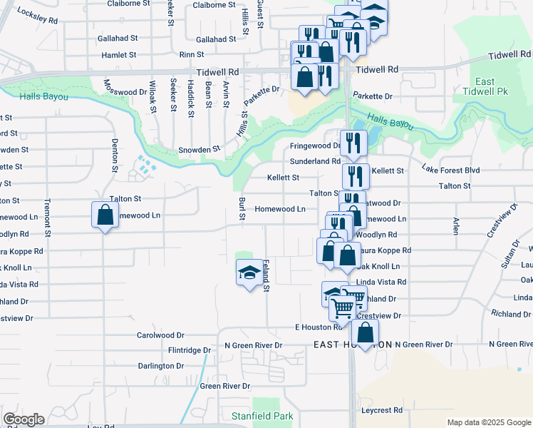 map of restaurants, bars, coffee shops, grocery stores, and more near 8542 Homewood Lane in Houston