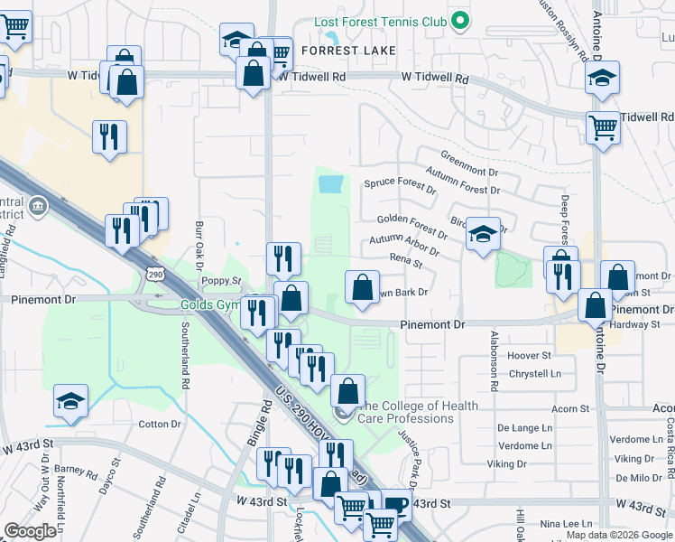 map of restaurants, bars, coffee shops, grocery stores, and more near 6530 Rena Street in Houston