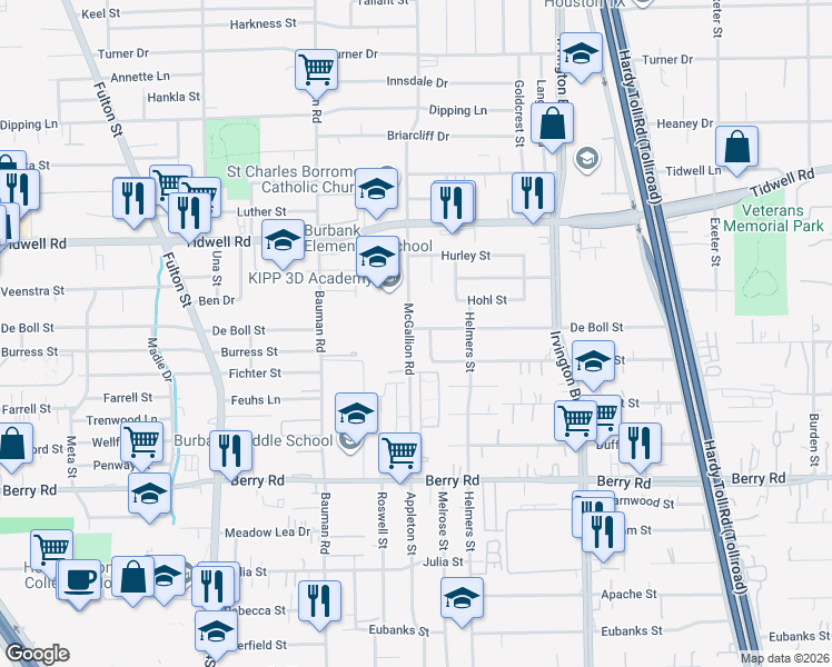 map of restaurants, bars, coffee shops, grocery stores, and more near 9042 McGallion Road in Houston