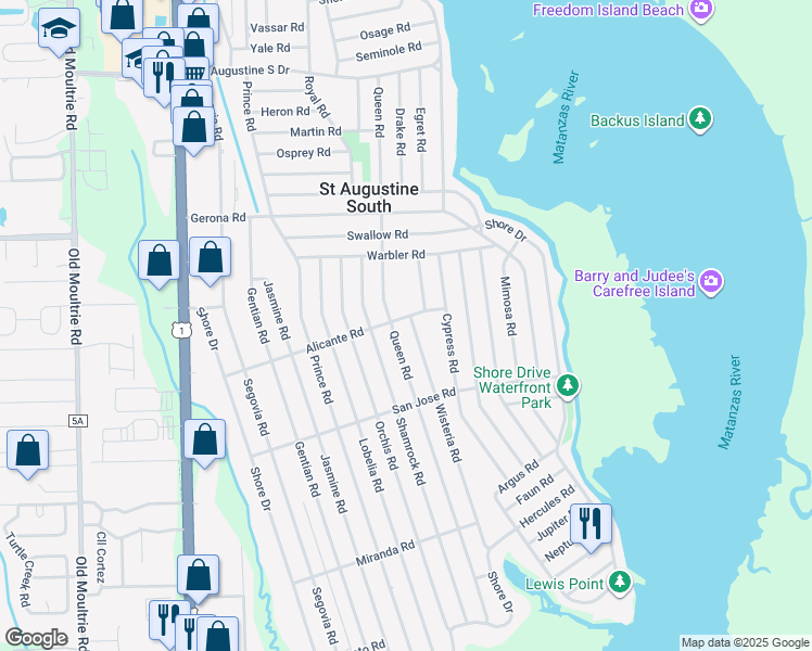 map of restaurants, bars, coffee shops, grocery stores, and more near 904 Alicante Road in St. Augustine