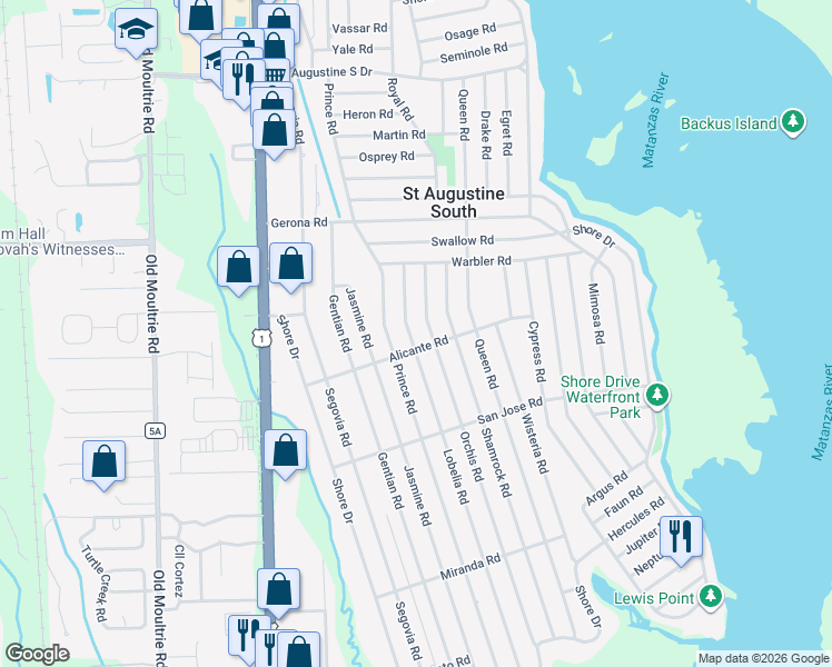 map of restaurants, bars, coffee shops, grocery stores, and more near 143 Lobelia Road in St. Augustine