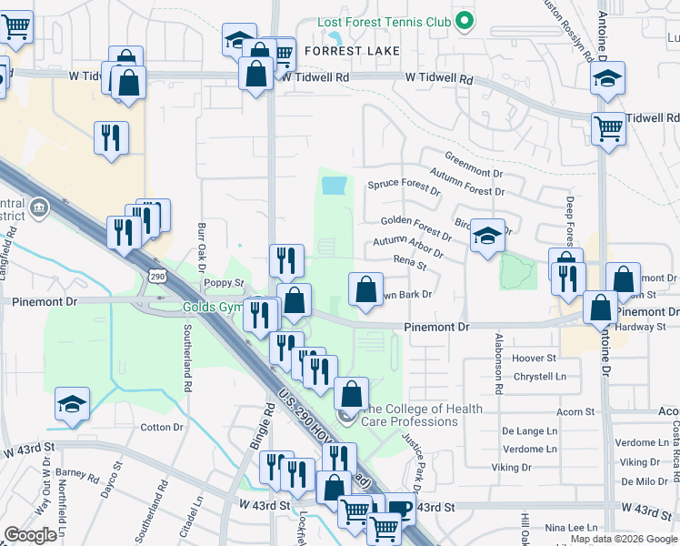 map of restaurants, bars, coffee shops, grocery stores, and more near 6530 Rena Street in Houston