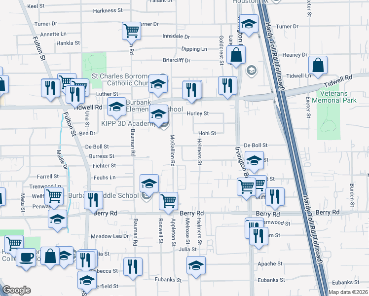 map of restaurants, bars, coffee shops, grocery stores, and more near 503 Firnat Street in Houston