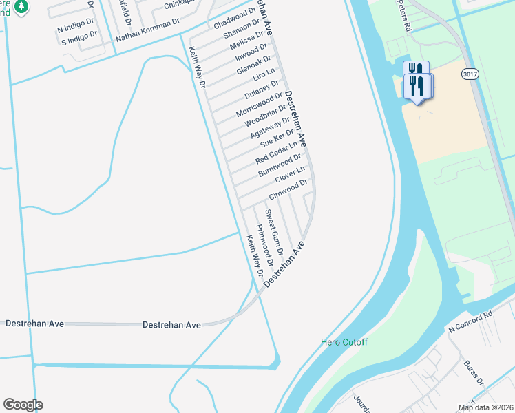 map of restaurants, bars, coffee shops, grocery stores, and more near 3101 Primwood Drive in Harvey