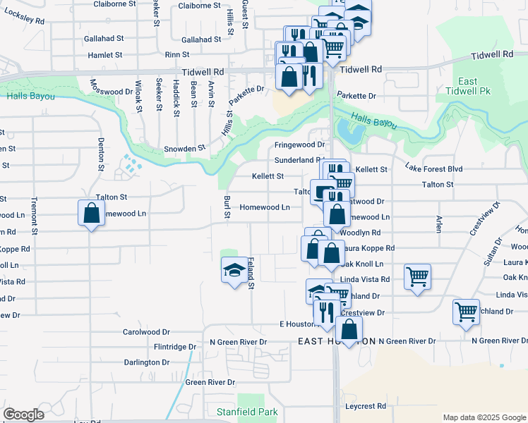 map of restaurants, bars, coffee shops, grocery stores, and more near 8542 Homewood Lane in Houston