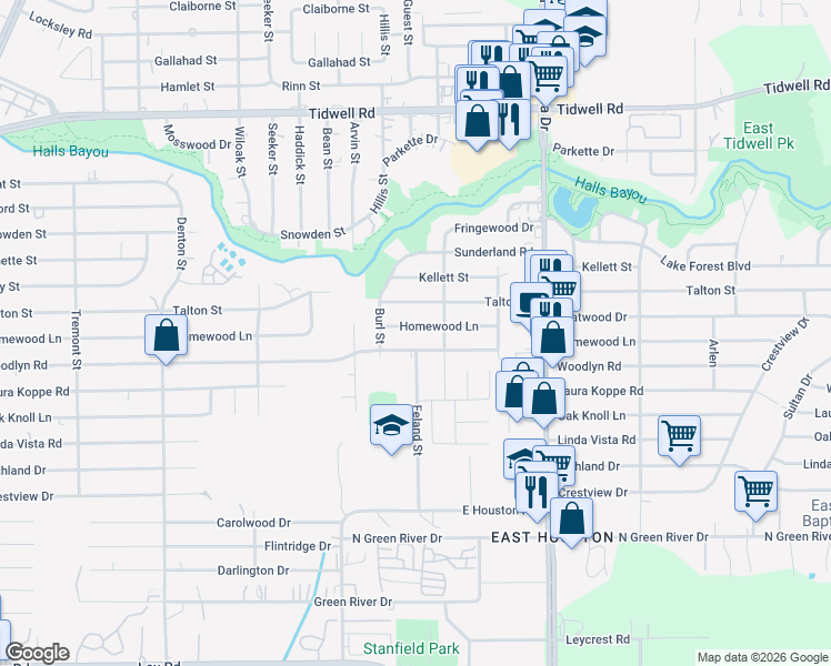 map of restaurants, bars, coffee shops, grocery stores, and more near 8526 Homewood Lane in Houston