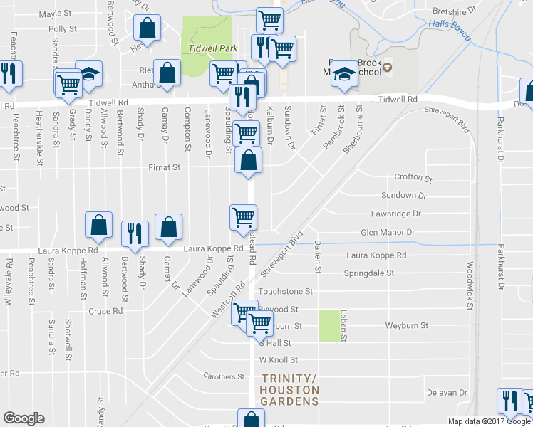 map of restaurants, bars, coffee shops, grocery stores, and more near 8917 Kelburn Drive in Houston