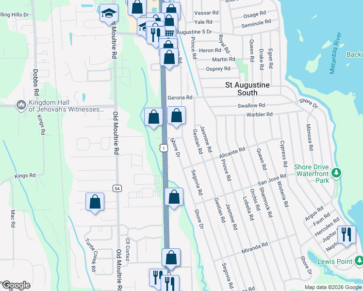 map of restaurants, bars, coffee shops, grocery stores, and more near 308 Segovia Road in St. Augustine