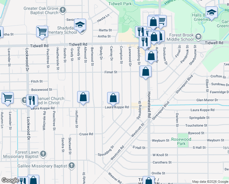 map of restaurants, bars, coffee shops, grocery stores, and more near 8924 Camay Drive in Houston