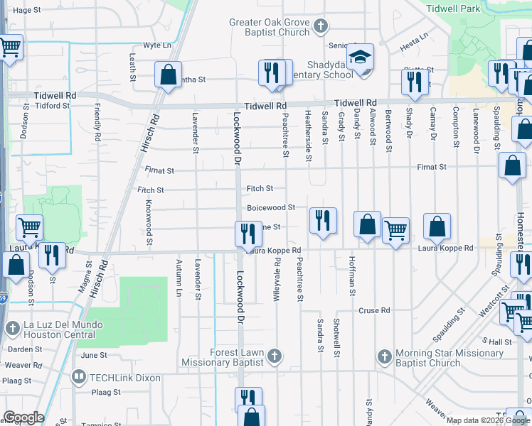 map of restaurants, bars, coffee shops, grocery stores, and more near 5018 Boicewood Street in Houston
