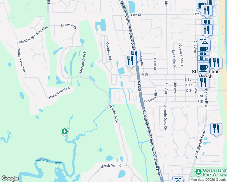 map of restaurants, bars, coffee shops, grocery stores, and more near 748 Tides End Drive in St. Augustine