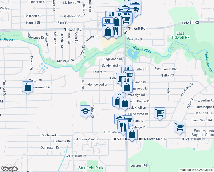 map of restaurants, bars, coffee shops, grocery stores, and more near 8622 Homewood Lane in Houston