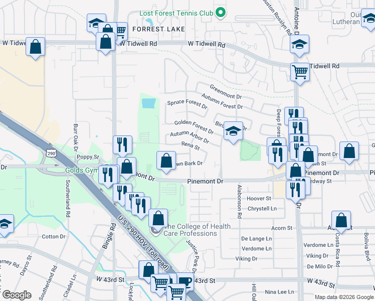 map of restaurants, bars, coffee shops, grocery stores, and more near 6202 Leaf Arbor Drive in Houston