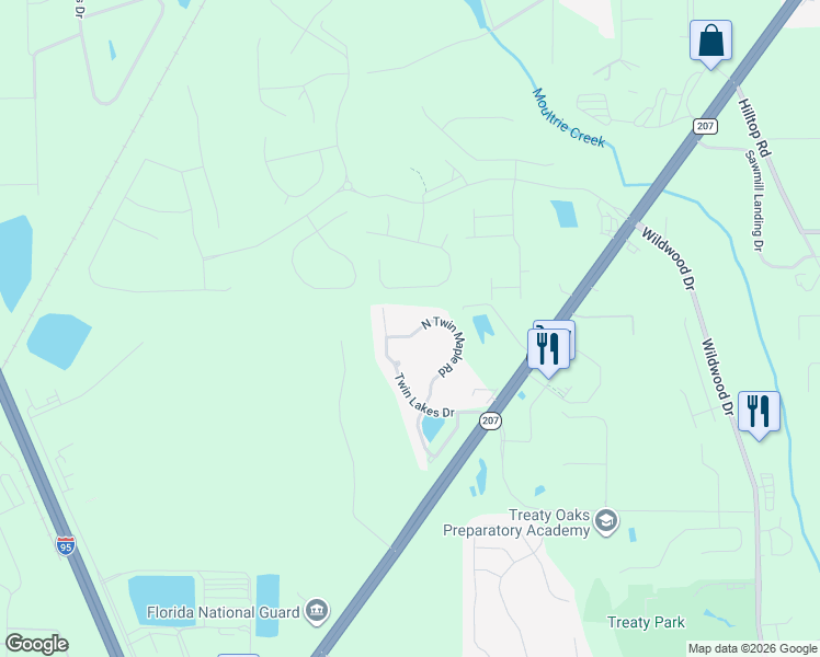 map of restaurants, bars, coffee shops, grocery stores, and more near 334 North Twin Maple Road in St. Augustine