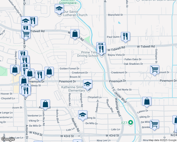 map of restaurants, bars, coffee shops, grocery stores, and more near 4816 Creekmont Drive in Houston