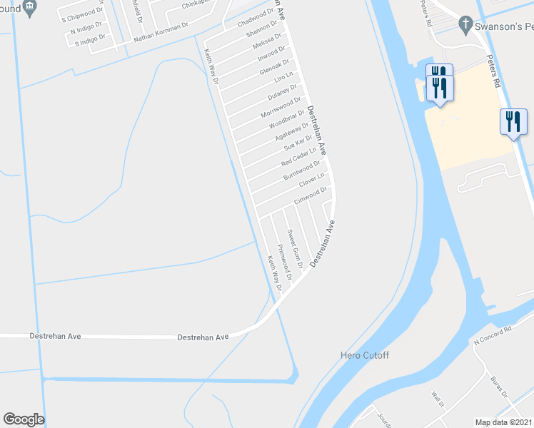 map of restaurants, bars, coffee shops, grocery stores, and more near 3840 Cimwood Drive in Harvey