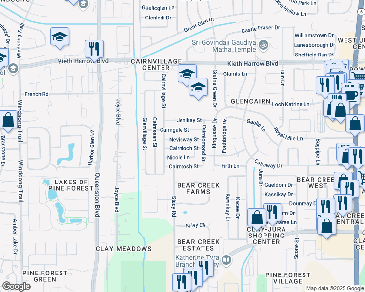 map of restaurants, bars, coffee shops, grocery stores, and more near 16938 Cairnloch Street in Houston