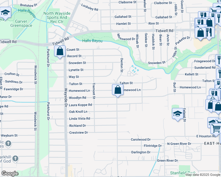 map of restaurants, bars, coffee shops, grocery stores, and more near 8141 Homewood Lane in Houston