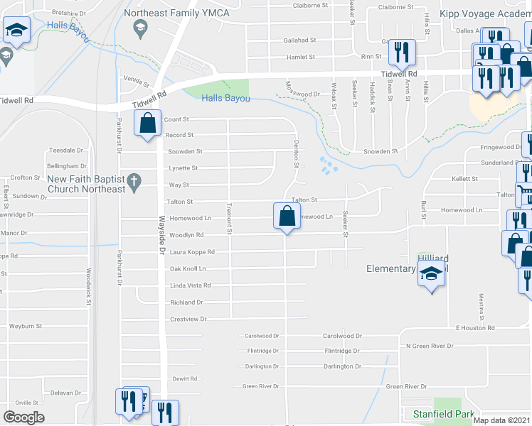 map of restaurants, bars, coffee shops, grocery stores, and more near 8141 Homewood Lane in Houston