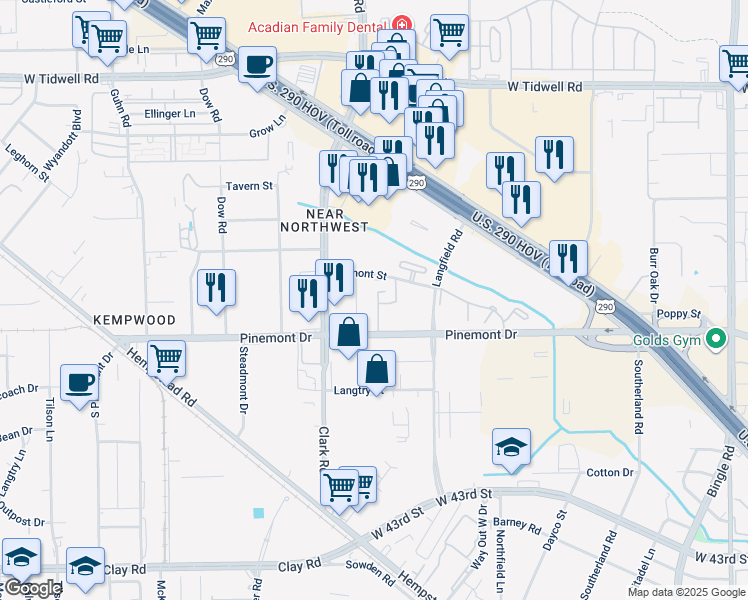 map of restaurants, bars, coffee shops, grocery stores, and more near 7400 Pinemont Drive in Houston