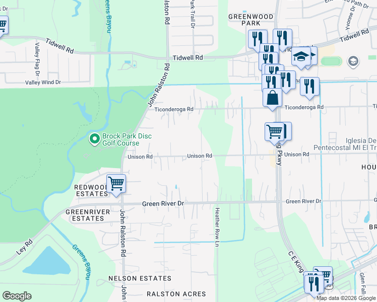map of restaurants, bars, coffee shops, grocery stores, and more near 12015 Unison Road in Houston