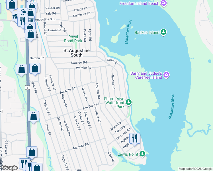map of restaurants, bars, coffee shops, grocery stores, and more near 144 Linden Road in St. Augustine