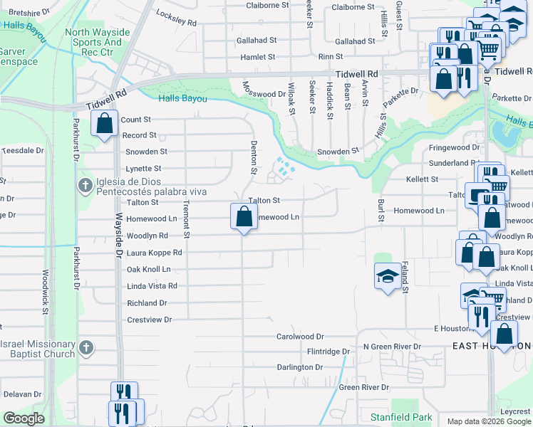 map of restaurants, bars, coffee shops, grocery stores, and more near 8229 Homewood Lane in Houston