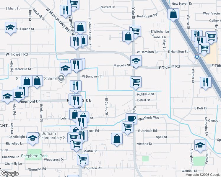 map of restaurants, bars, coffee shops, grocery stores, and more near 5304 Wunder Lane in Houston