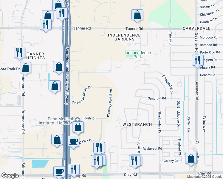 map of restaurants, bars, coffee shops, grocery stores, and more near 5060 Westway Park Boulevard in Houston