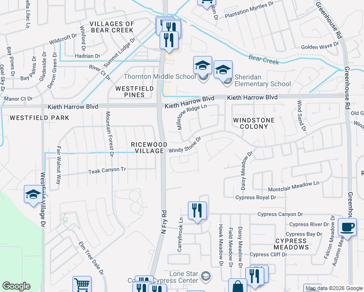 map of restaurants, bars, coffee shops, grocery stores, and more near 19906 Windcroft Hollow Lane in Katy