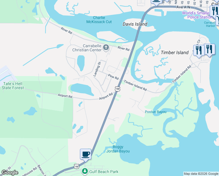 map of restaurants, bars, coffee shops, grocery stores, and more near 1616 Sea Breeze Way in Carrabelle