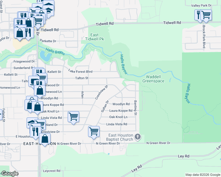 map of restaurants, bars, coffee shops, grocery stores, and more near 9526 Crestview Drive in Houston