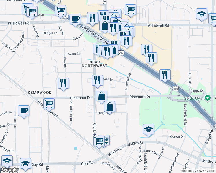 map of restaurants, bars, coffee shops, grocery stores, and more near 7500 Pinemont Drive in Houston