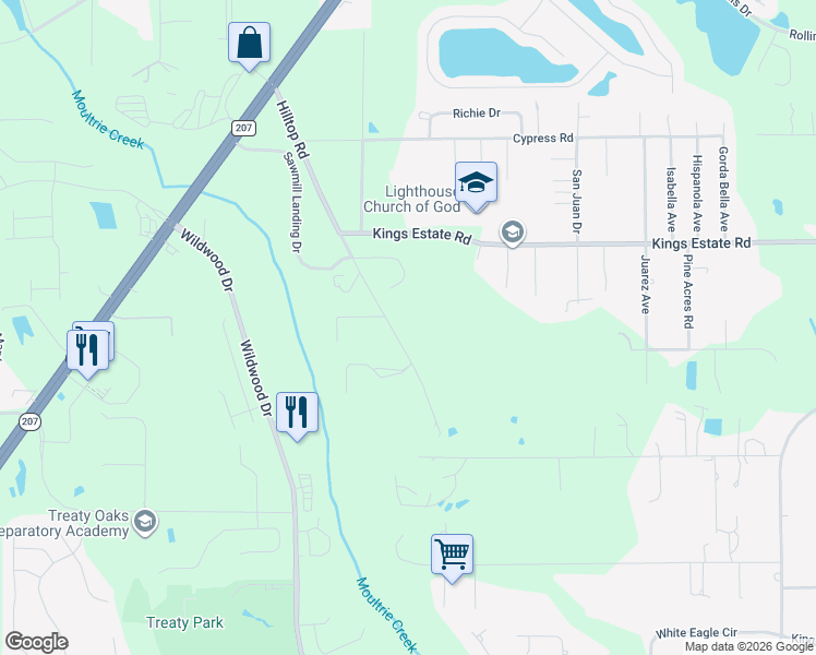 map of restaurants, bars, coffee shops, grocery stores, and more near 2850 Hilltop Road in St. Augustine