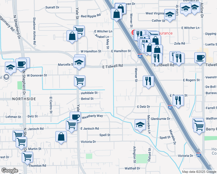 map of restaurants, bars, coffee shops, grocery stores, and more near 205 Leago Street in Houston