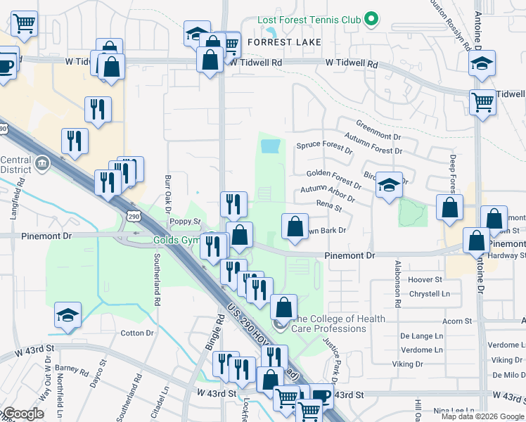 map of restaurants, bars, coffee shops, grocery stores, and more near 6612 Rena Street in Houston