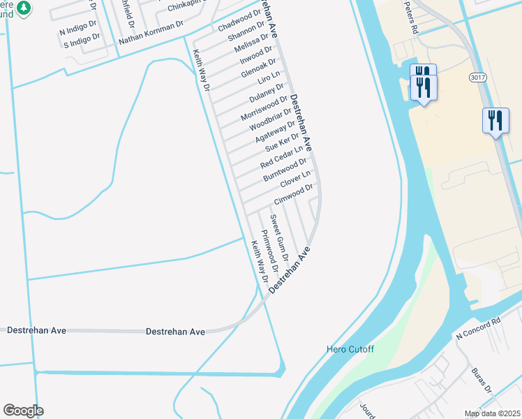 map of restaurants, bars, coffee shops, grocery stores, and more near 3101 Primwood Drive in Harvey