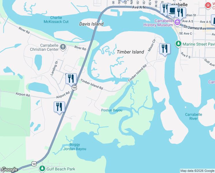 map of restaurants, bars, coffee shops, grocery stores, and more near 157 Timber Island Road in Carrabelle