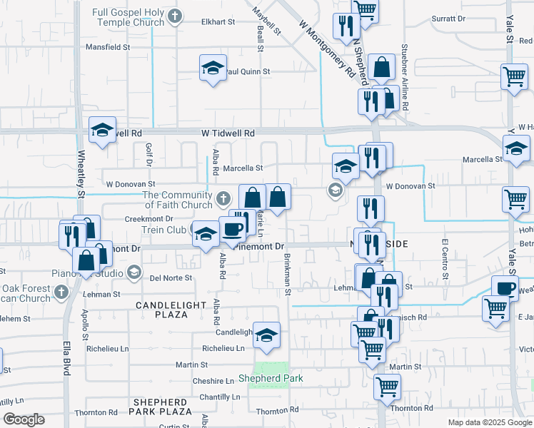 map of restaurants, bars, coffee shops, grocery stores, and more near 5220 Sue Marie Lane in Houston