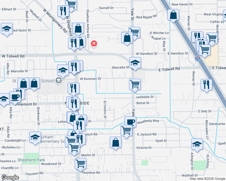 map of restaurants, bars, coffee shops, grocery stores, and more near 5304 Wunder Lane in Houston