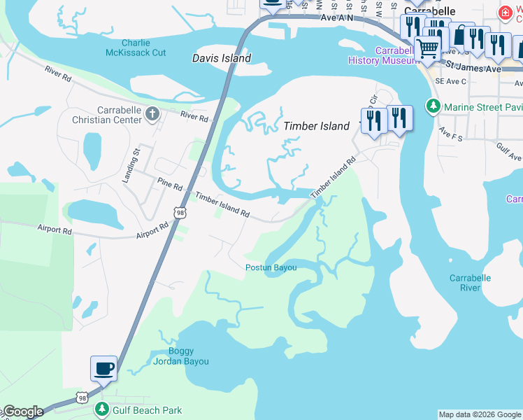map of restaurants, bars, coffee shops, grocery stores, and more near 157 Timber Island Road in Carrabelle