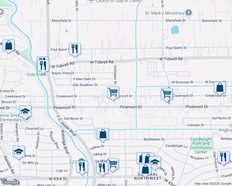 map of restaurants, bars, coffee shops, grocery stores, and more near 4200 Creekmont Drive in Houston