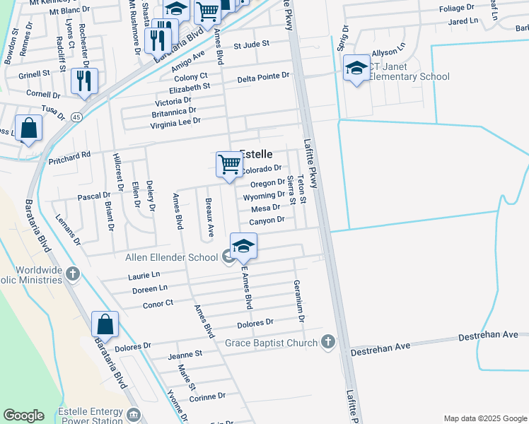 map of restaurants, bars, coffee shops, grocery stores, and more near 2632 Canyon Drive in Marrero