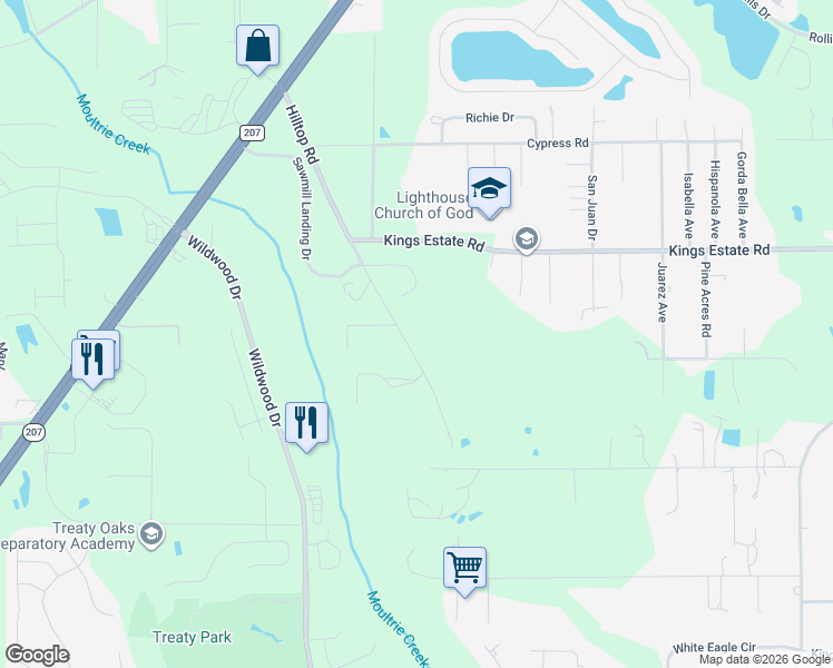 map of restaurants, bars, coffee shops, grocery stores, and more near 2850 Hilltop Road in St. Augustine