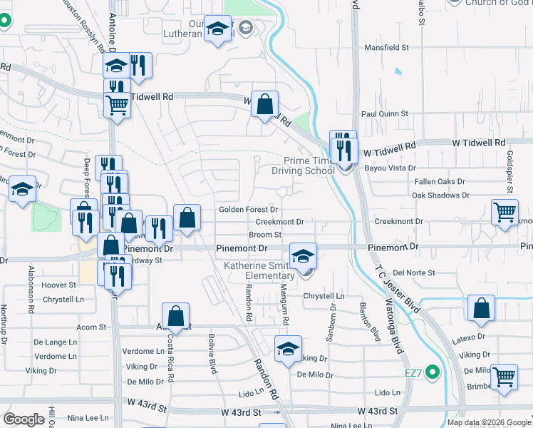 map of restaurants, bars, coffee shops, grocery stores, and more near 4936 Creekmont Drive in Houston