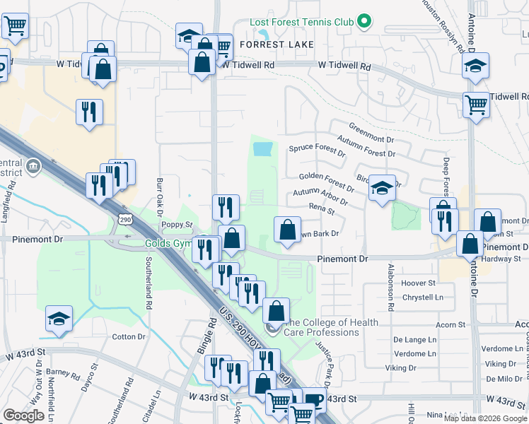map of restaurants, bars, coffee shops, grocery stores, and more near 6530 Rena Street in Houston